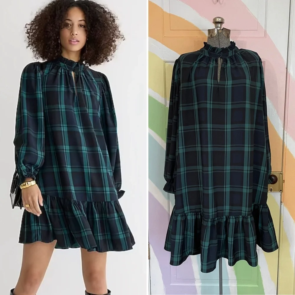 J. Crew Green Black Watch Tartan Plaid Ruffle Puff Sleeve Dress Sz 2X 🧡🎀